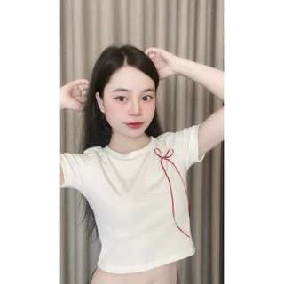 Áo thun gân croptop, cổ tròn, đính nơ