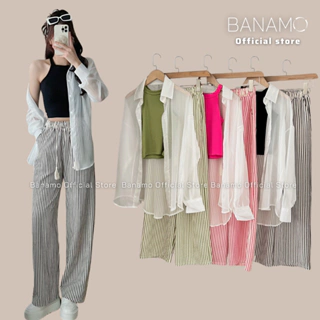 Set nữ Banamo Fashion bộ áo yếm dáng croptop chất cotton phối quần suông ống rộng sọc đũi xốp 1924