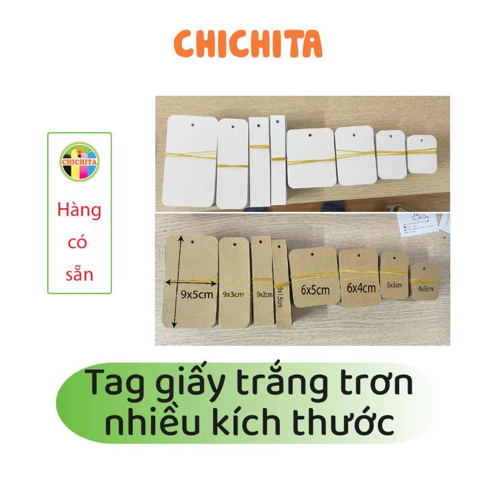 Set 10  (500 tag) giấy trắng trơn CHICHITA  nhiều kích thước. Có sẵn