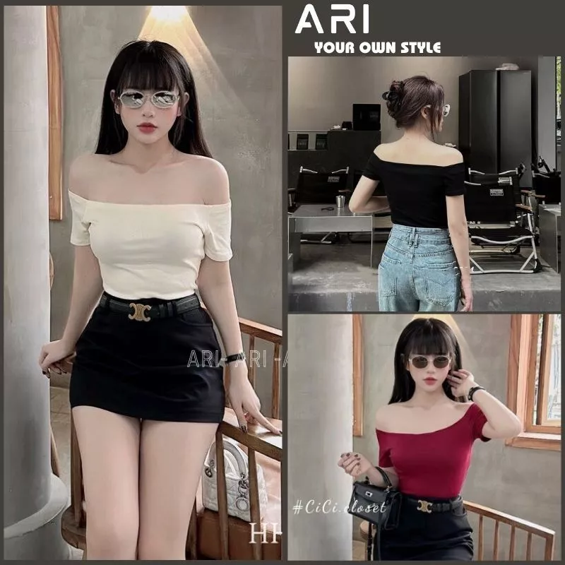 Áo trễ vai ngắn tay dáng ôm body kiểu dáng bánh bèo mix đồ cực xinh, Áo bẹt vai ngắn tay gợi cảm - ARI