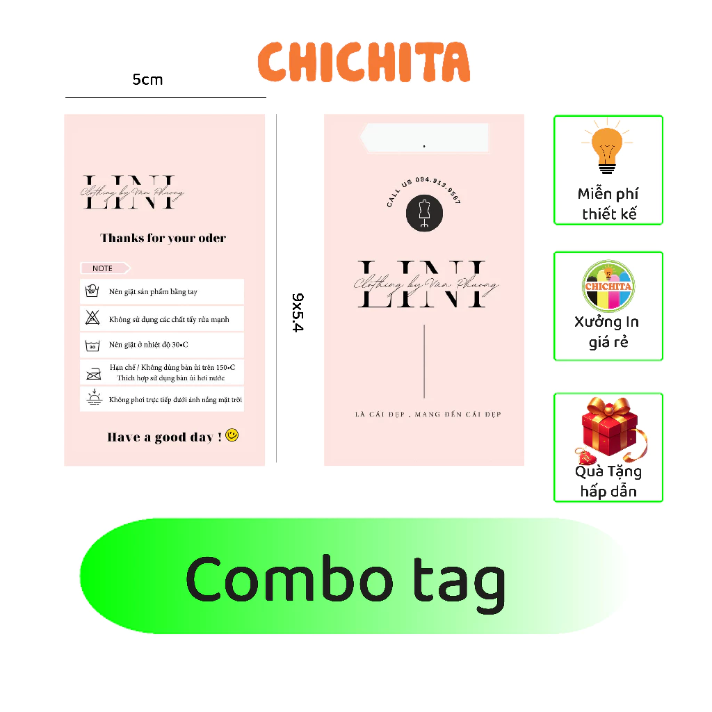 COMBO tag treo quần áo, Nhãn treo, Mác theo yêu cầu CHICHITA 9x5.4 cm