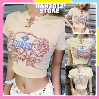 Áo Croptop Cổ V Cài Ghim Băng EZEFREKIDS dáng ôm body cộc tay màu vàng nhạt chất tăm gân co giãn