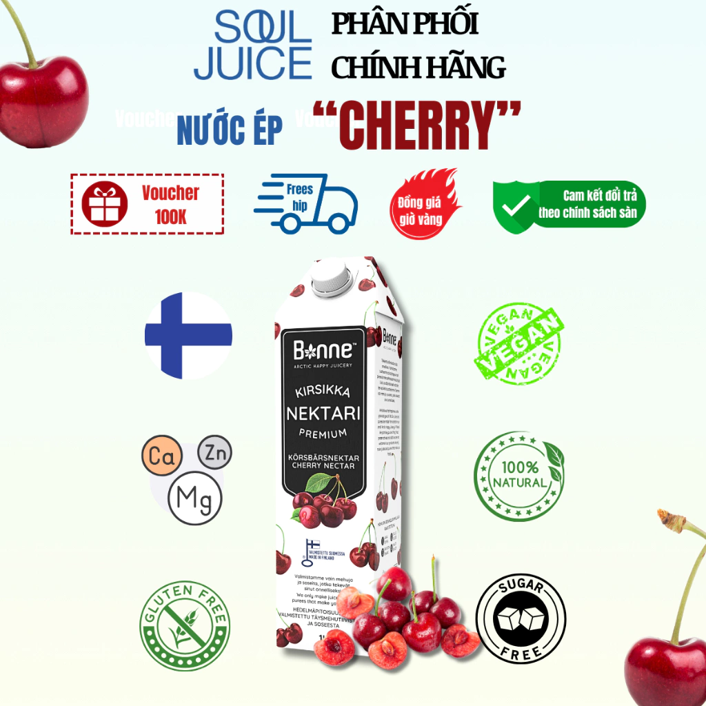Nước ép Cherry (quả Anh đào) nguyên chất BONNE Premium 1L nhập khẩu Châu Âu - Soul Juice