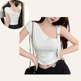 Áo croptop lệch vai khoen kiểu phối dây gợi cảm, áo thun nữ ngắn tay có mút ôm body siêu tôn dáng-A185