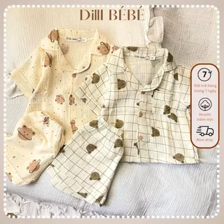 Đồ bộ ngủ áo quần Pijama tay ngắn quần ngắn cho bé trai bé gái trẻ em sơ sinh vải Muslin Gấu  - Dilli Bebe