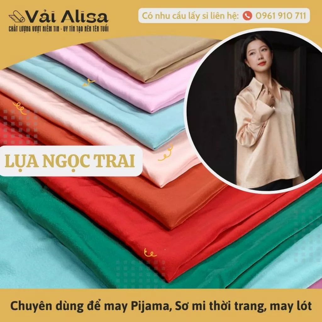 Vải lụa Ngọc trai chất lụa nhẹ nhàng mềm mại, thấm hút mồ hôi, trơn bóng, dùng may chân váy, áo sơmi lụa, thời trang...