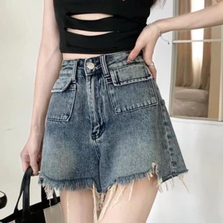 Quần Short Jeans Nữ , Quần Đùi Nữ Chất Liệu Denim Túi Hộp Tua Rua Gấu L018