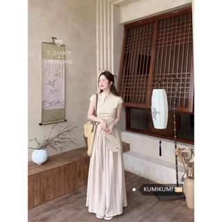 (ORDER) Áo cổ tàu cộc tay ôm body thon eo + Quần voan dài rộng giả váy vintage tân cổ điển nhẹ nhàng hàng Quàng Châu cao