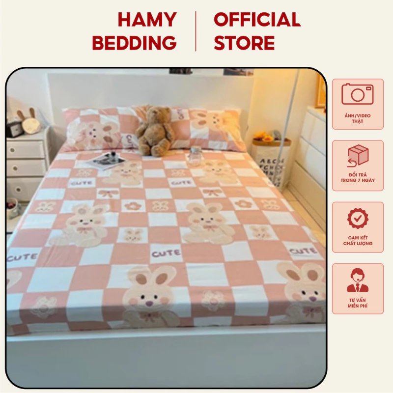 Bộ Drap Trải Gường Chất Cotton Poly Thun Lạnh, Bộ Ga Gối 3 Món Họa Tiết Dễ Thương Màu Xinh số 25