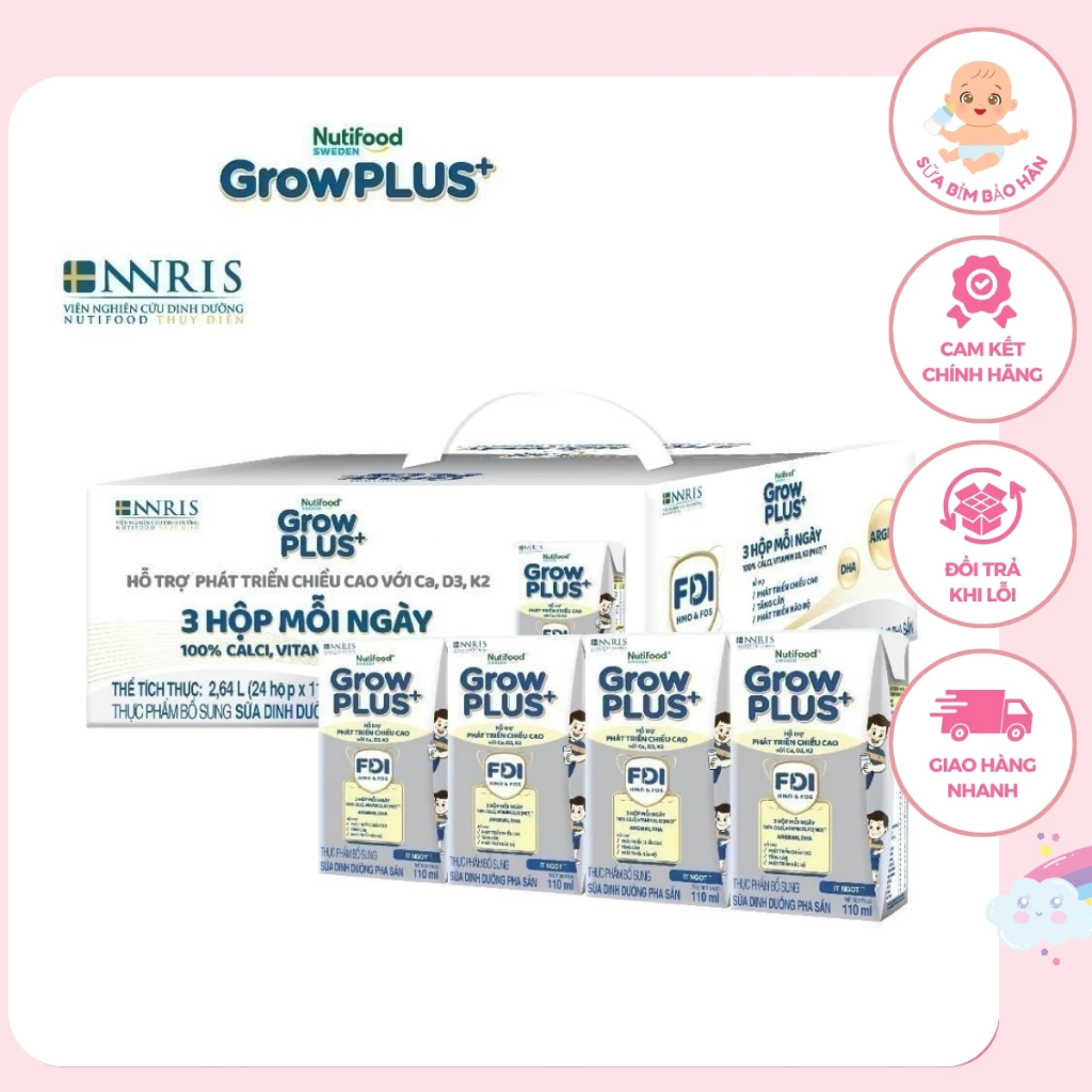 Thùng 24 hộp Sữa Bột Pha Sẵn Nutifood Sweden GrowPLUS+ Cao lớn vượt trội hộp 110 ml