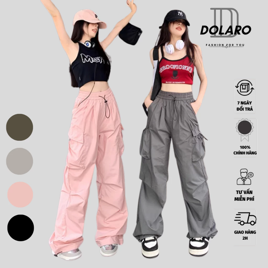 Quần Dài Ống Rộng Túi Hộp Nữ DOLARO Chất Dù Mềm, Quần Gió Jogger Rộng Lưng Cao Cạp Chun Phong Cách Tôn Eo Con Kiếng