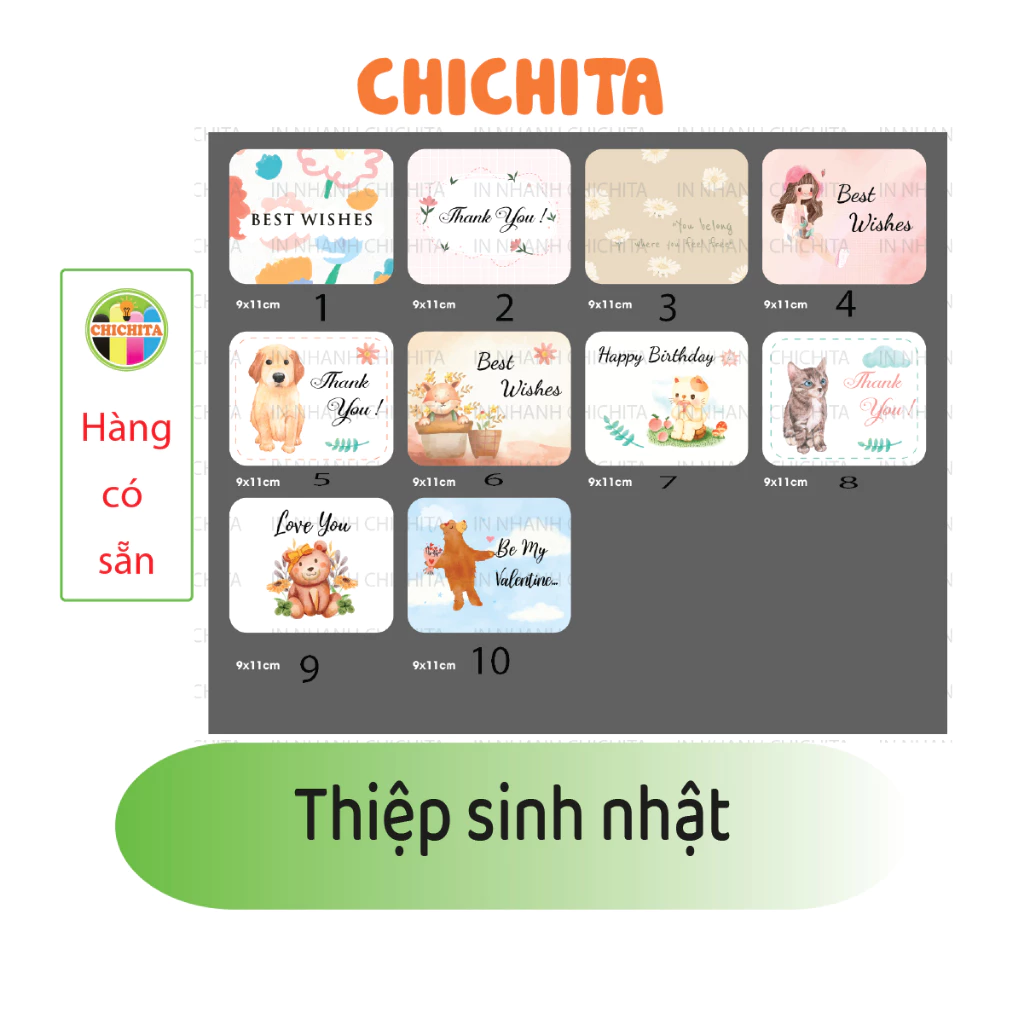 Set 10 - Thiệp chúc mừng, thiệp cảm ơn 9x11cm, phong bì CHICHITA Có sẵn