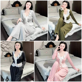 Đồ Bộ Nữ Mặc Nhà Pyjama Áo Tay Ngắn Quần Dài Có Túi Chất Thun Lạnh Mặc Mát Mùa Hè