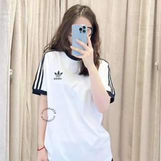 Áo Phông Adidas  Họa Tiết Thêu Logo Phối Sọc Tay Màu Đen Trắng - Áo Thun  Nam Nữ Chất Cotton Mát Hotrend 2024