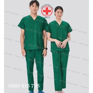 Bộ Scrubs cổ tim màu xanh lá vải lon nhật, đồng phục phòng khám,spa,phòng mổ, quần áo y tế nha khoa điều dưỡng bác sỹ