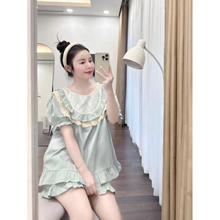 Bộ mặc nhà thô mềm xanh pastel cổ bèo vintage hàng qccc