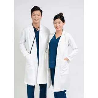 Áo Blouse trắng dáng dài cộc tay áo lab cho bác sĩ, dược sĩ, spa, thẩm mỹ hàng cao cấp