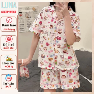 Bộ ngủ nữ pijama mặc nhà áo côc quần đùi họa tiết shin, gấu dâu LUNA