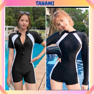 Bikini liền mảnh bodysuit có tay khoá kéo màu đen sọc trắng form short kín đáo TAHAMI T68
