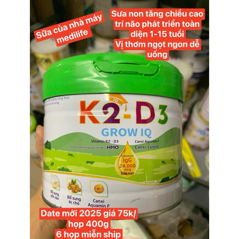 (6 lon tặng 1 cốc pha sữa )Sữa K2D3 GROW sữa non BỘT YẾN SÀO. date xa 2025 lon nhỏ 400g