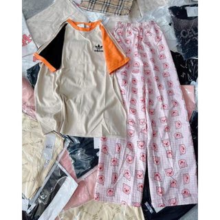 Set áo phông hottrend Cotton khô 3158 mix quần lợn hồng cute