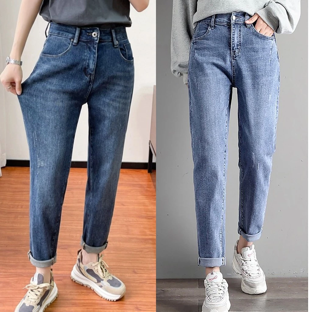 Quần Jean Dài BigSize phom Baggy Boyfriend Co Dãn Mạnh, Lưng Cao, Màu Xanh Đá cào xước 0080 0081