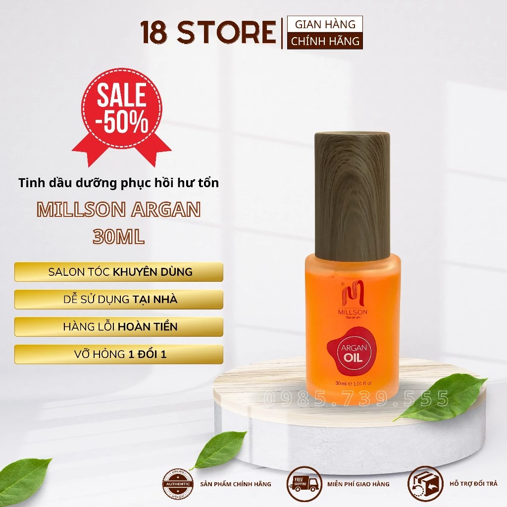 Tinh dầu dưỡng tóc Millson Argan Oil 30ml - Phục hồi tóc hư tổn, serum chăm sóc tóc khô xơ uốn nhuộm