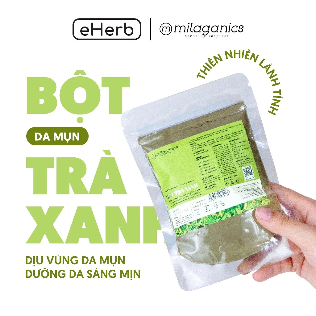 Bột trà xanh MILAGANICS - Đắp mặt nạ, ngừa mụn, dưỡng da trắng mịn, ngăn ngừa nếp nhăn - 100g