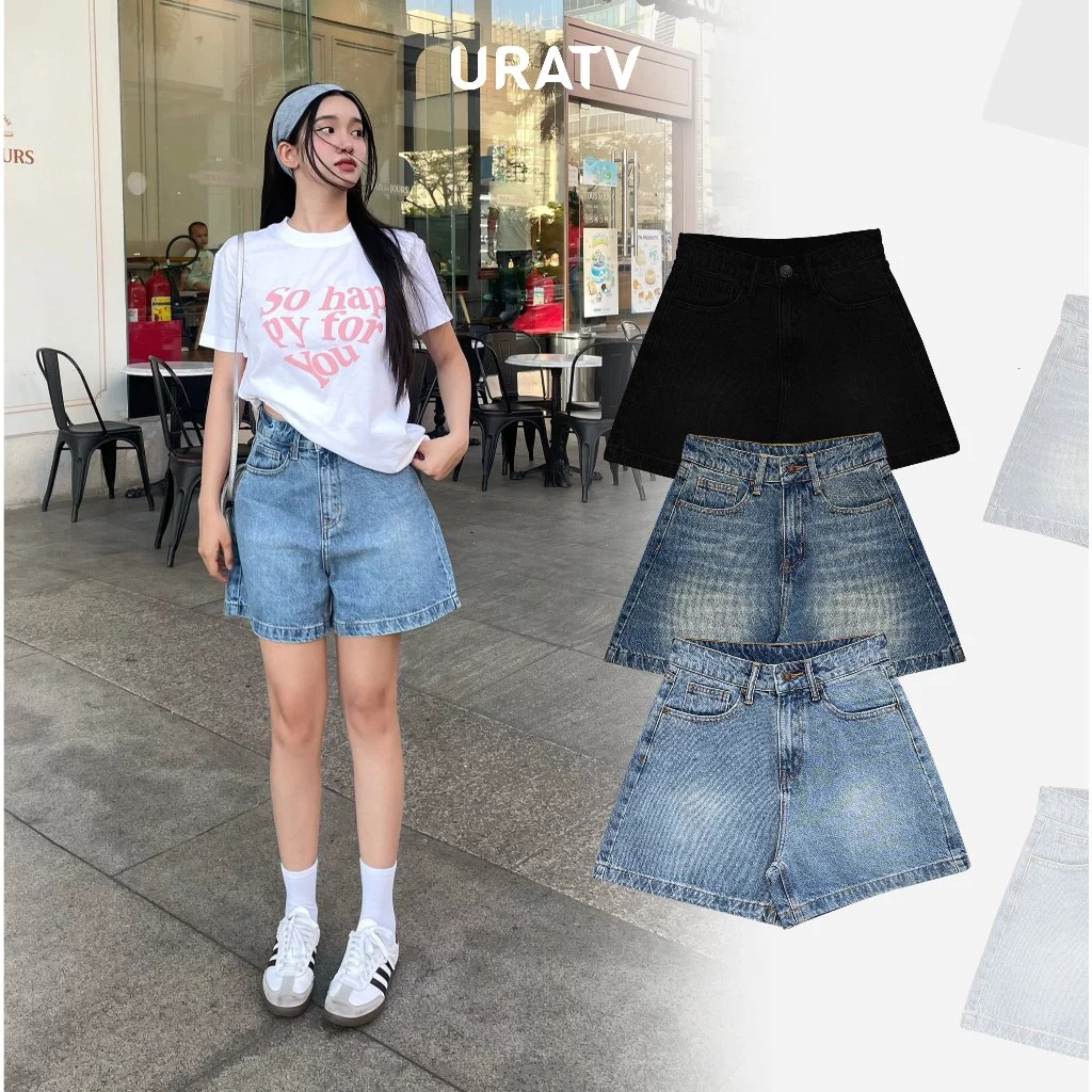 Short jean nữ trơn ống rộng chất cotton jeans URATV