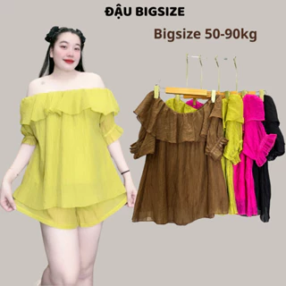 Set đồ bigsize nữ áo tay ngắn trễ vai tà xòe kèm quần đùi form rộng lưng thun chất đũi tơ cao cấp - SET820