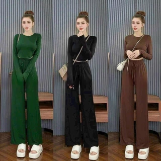 Set bộ đồ nữ mặc hè đi chơi áo croptop tay ngắn/tay dài logo phối quần dài trẻ trung basic