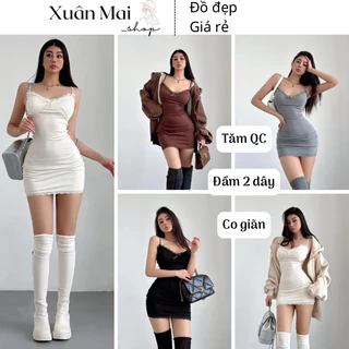 Đầm 2 dây body nữ chất gân phối ren đính nơ co giãn coquette style y2k nhiều màu đen nâu xám trắng đi chơi xuanmaishop12