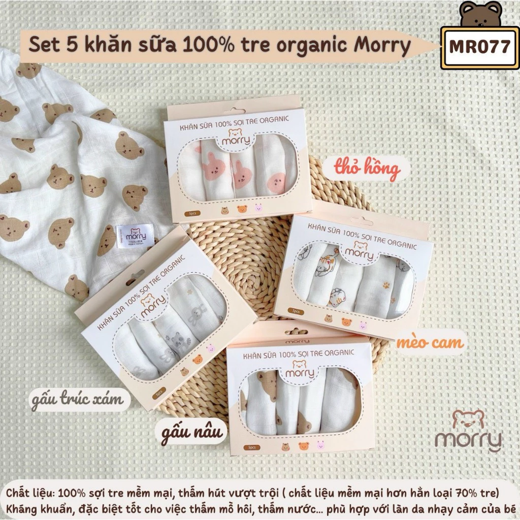 Hộp 5 Khăn Sữa Sợi Tre Morry, Set 5 Khăn Sữa Sợi Tre Cao Cấp Mềm Mại Cho Bé Sơ Sinh