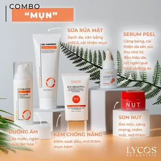 COMBO "Mụn" (Gel rửa mặt - Kem chống nắng - Tinh chất peeling - Gel cân bằng cấp ẩm - Son NUT) - Lycos