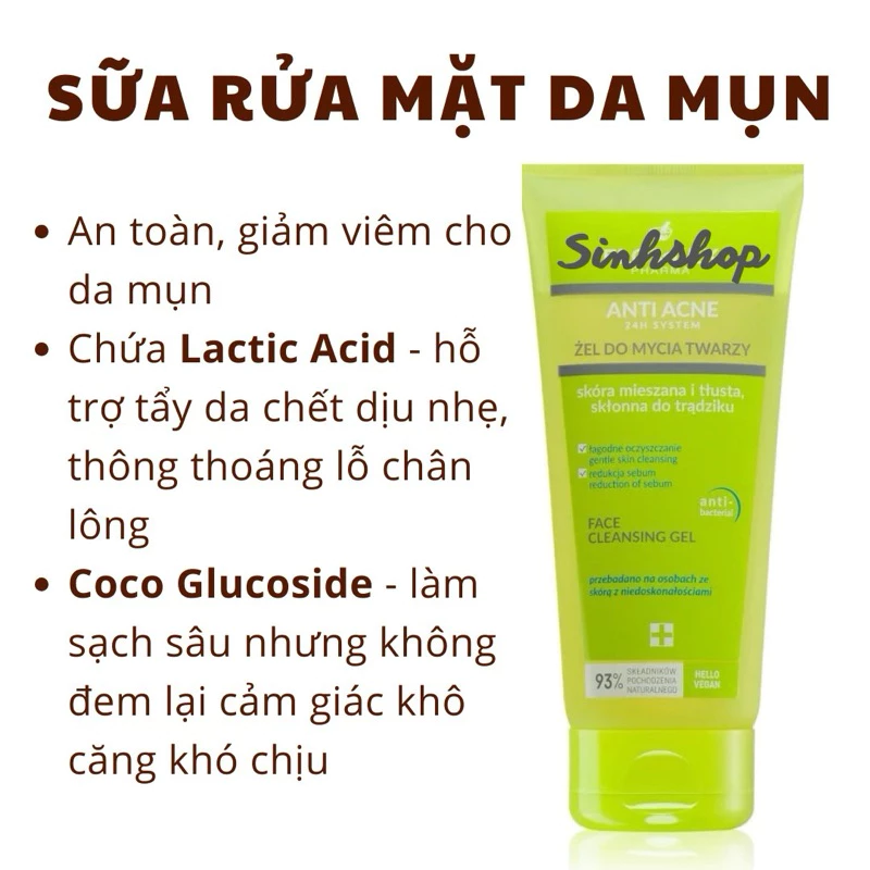 Sữa Rửa Mặt Cho Da Dầu Mụn Anti Acne Zel Do Mycia 200ml hàng nội địa balan