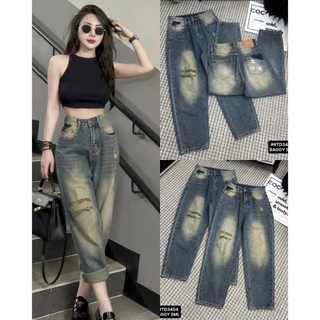 (MÃ MỚI VỀ)QUẦN BAGGY JEANS NỮ XANH ÁNH VÀNG NHẸ WASH LOANG MÀU RÁCH BỤI TẠO KIỂU, TÚI SAU IN CHỮ MẪU MỚI ĐẸP CHUẨN SHOP