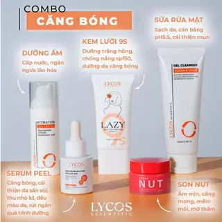 COMBO CĂNG BÓNG (Gel Rửa Mặt + Kem Lười 9S + Tinh Chất Peeling + Gel Cấp Ẩm + Son NUT) - LYCOS