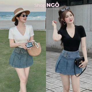 Set váy thời trang nữ mặc đi chơi,Set áo cổ V  tay ngắn chất thun xịn đẹp 2 màu mix chân váy jean/denim QC xếp ly basic