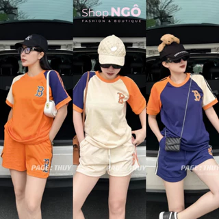 Set bộ đồ nữ thể thao áo phông tay ngắn logo chữ B viền sọc phối màu quần đùi chất thun tăm lạnh siêu mát diện ngày hè