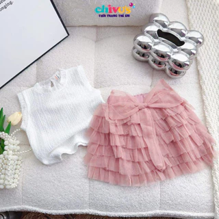 Đồ bộ bé gái, set bé gái gồm áo cotton 4c đi kèm chân váy xếp ly bồng bềnh tiên cảnh cho bé 10-30kg