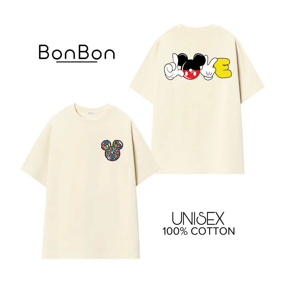 Áo thun tay lỡ Mickey Love nam nữ form rộng 100% cotton co giãn 2 chiều BonBon - AHMK14