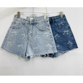 Quần short jeans nữ QC in nơ cạp cao phong cách mới T1052 đi biển