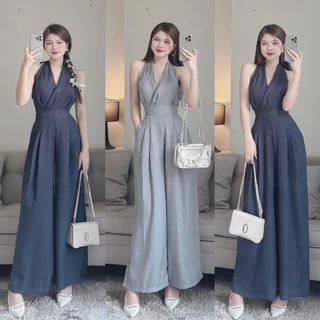 Jumpsuits nữ body suông ống rộng cổ yếm với 3 tone màu sang chảnh diện đi chơi, đi làm siêu xinh