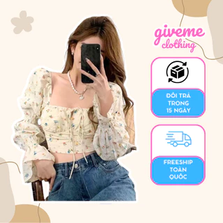 Áo croptop hoa nhí nữ tay bồng dài cổ vuông phong cách Hàn Quốc có mút ngực dày dặn Giveme.clothing_saigon