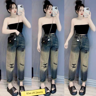 quần jeans nữ baggy cạp cao hack dáng phối thêu chữ 2 bên phủ màu bụi vàng