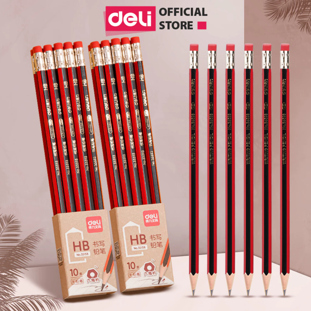 [BÉ TẬP VIẾT] Vỉ 10 bút chì lục giác Deli 2B/HB kèm đầu tẩy - Bút chì viết chất liệu gỗ an toàn dễ gọt cho học sinh