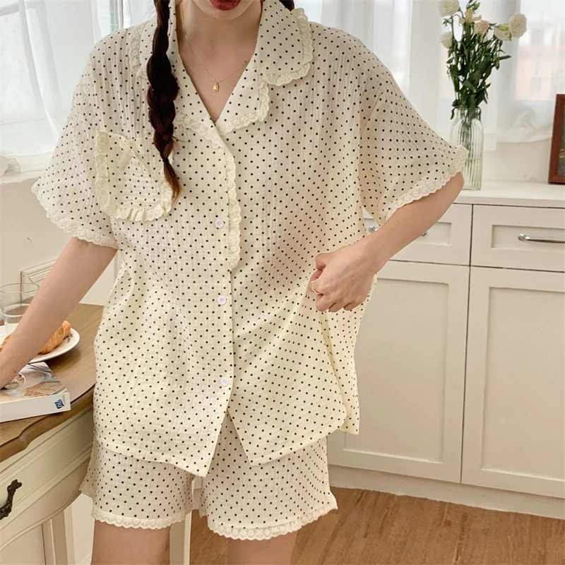 Bn318_Bộ ngủ, pijama nữ ngắn tay muslin hoạ tiết chấm bi chất cotton | Hàng Quảng Châu cao cấp