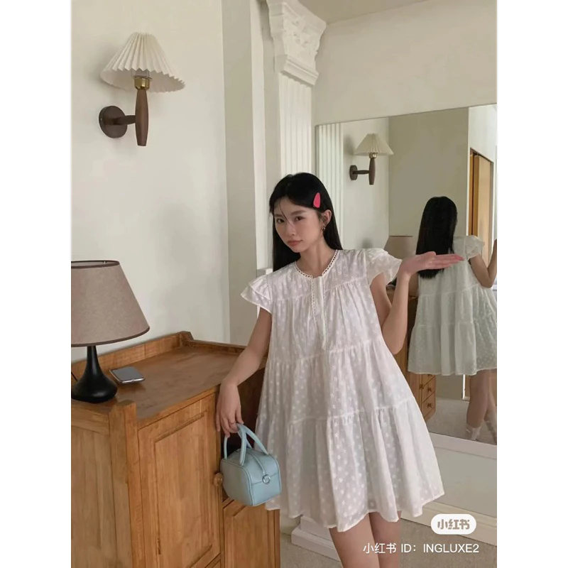 [Đầm babydoll cánh tiên đầm xoè chấm bi trắng dễ thương Leicy Doll V1265