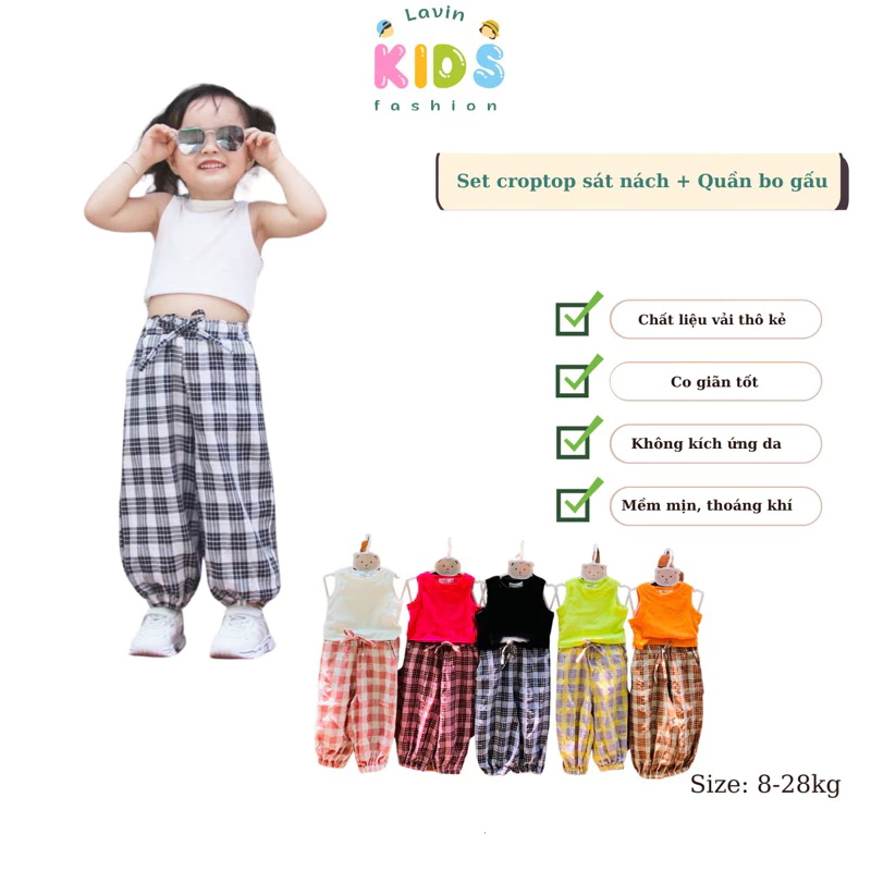 Set áo croptop phối quần dài bo gấu hoạ tiết kẻ caro size 8-28kg