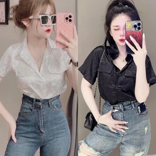 Áo sơ mi nữ kiểu phối chữ gomboutique77 chất vải phi bóng lụa gấm FreeSize dưới 51kg, Áo sơ mi cộc gấm nắp túi 2 bên